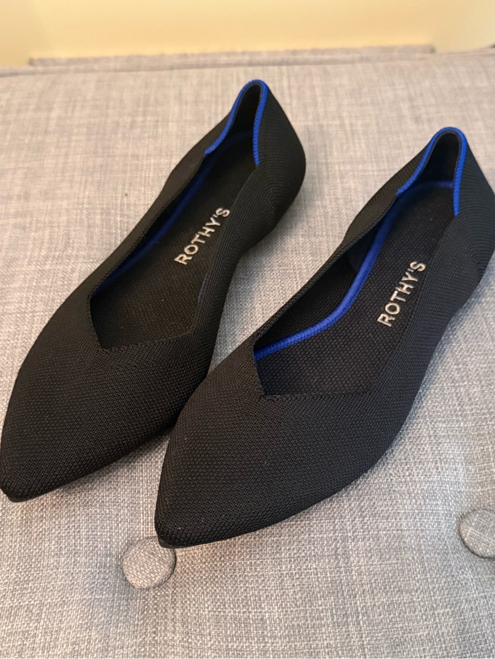 Rothy's Black Pointed Knit Flats with Blue Trim